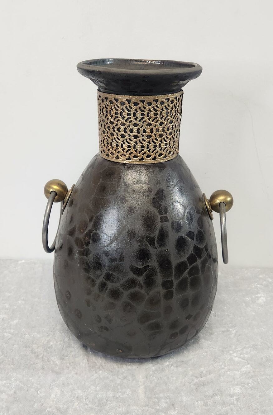 Vintage TONY EVANS Raku Pottery Large Vase Metal Ring Handles-Year 82-Hgt 14.5"
